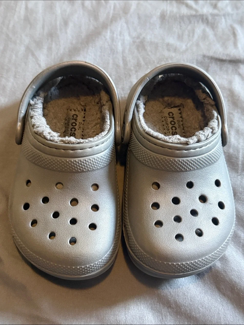 CROCS Kids Metallic Silver Fuzz-Lined Clogs with Heel Strap